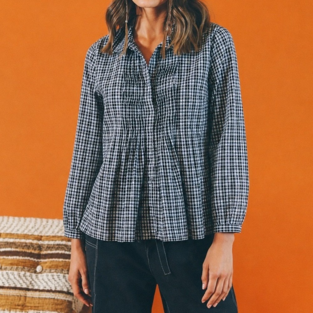 The Little Project Blue Frankie Plaid Shirt Pleated Peplum Cotton Size Medium
